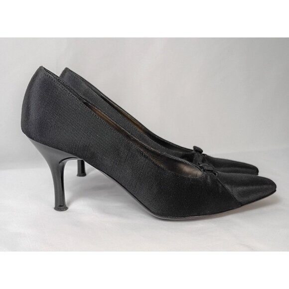 Vintage Ferragamo Black Grosgrain Ribbon Fabric Pumps Women 9.5 AA Bow Heels - Picture 11 of 11